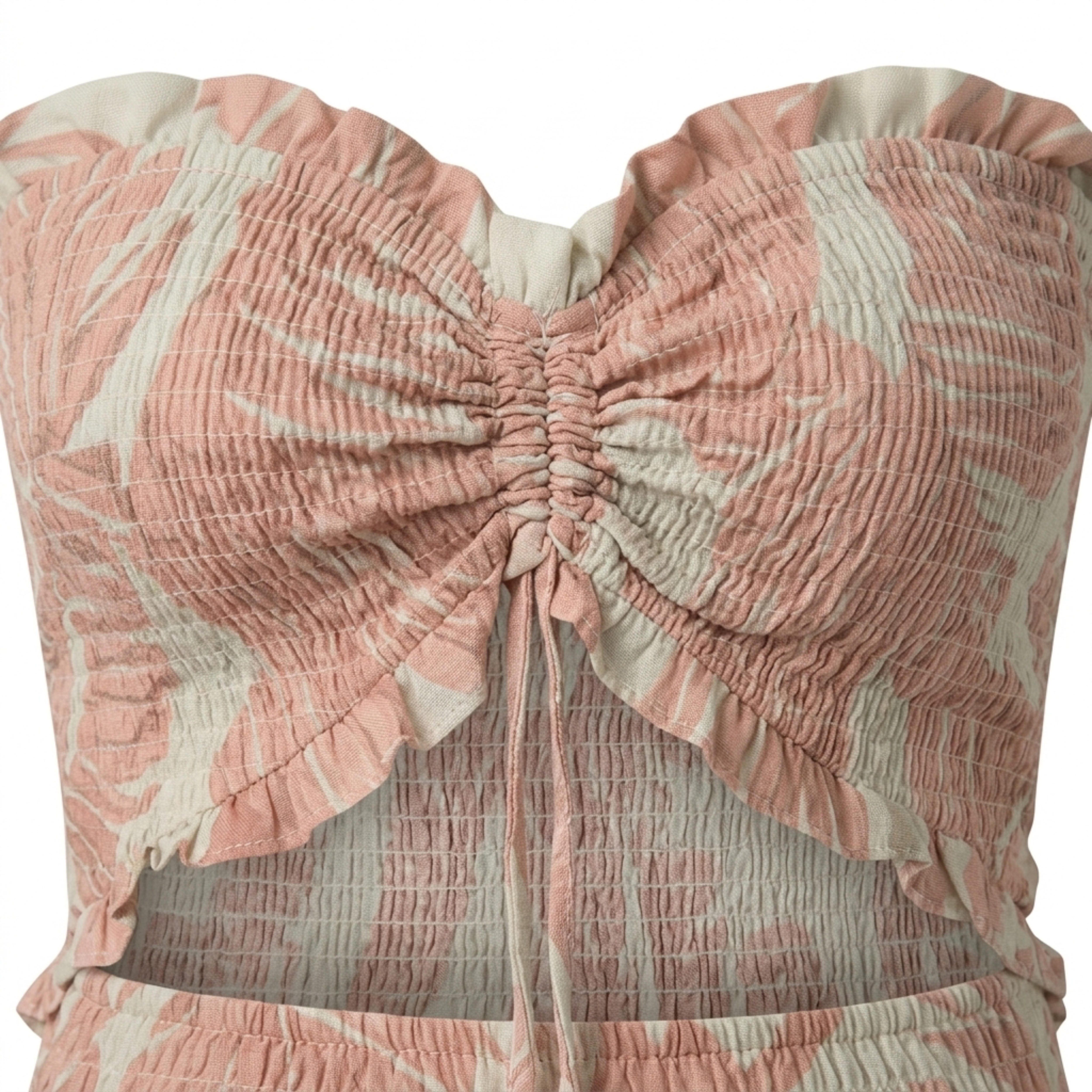 Women's Strapless Maxi Dress Tropical Leaf Print Ruched Waist Cut-Out Beach Dress