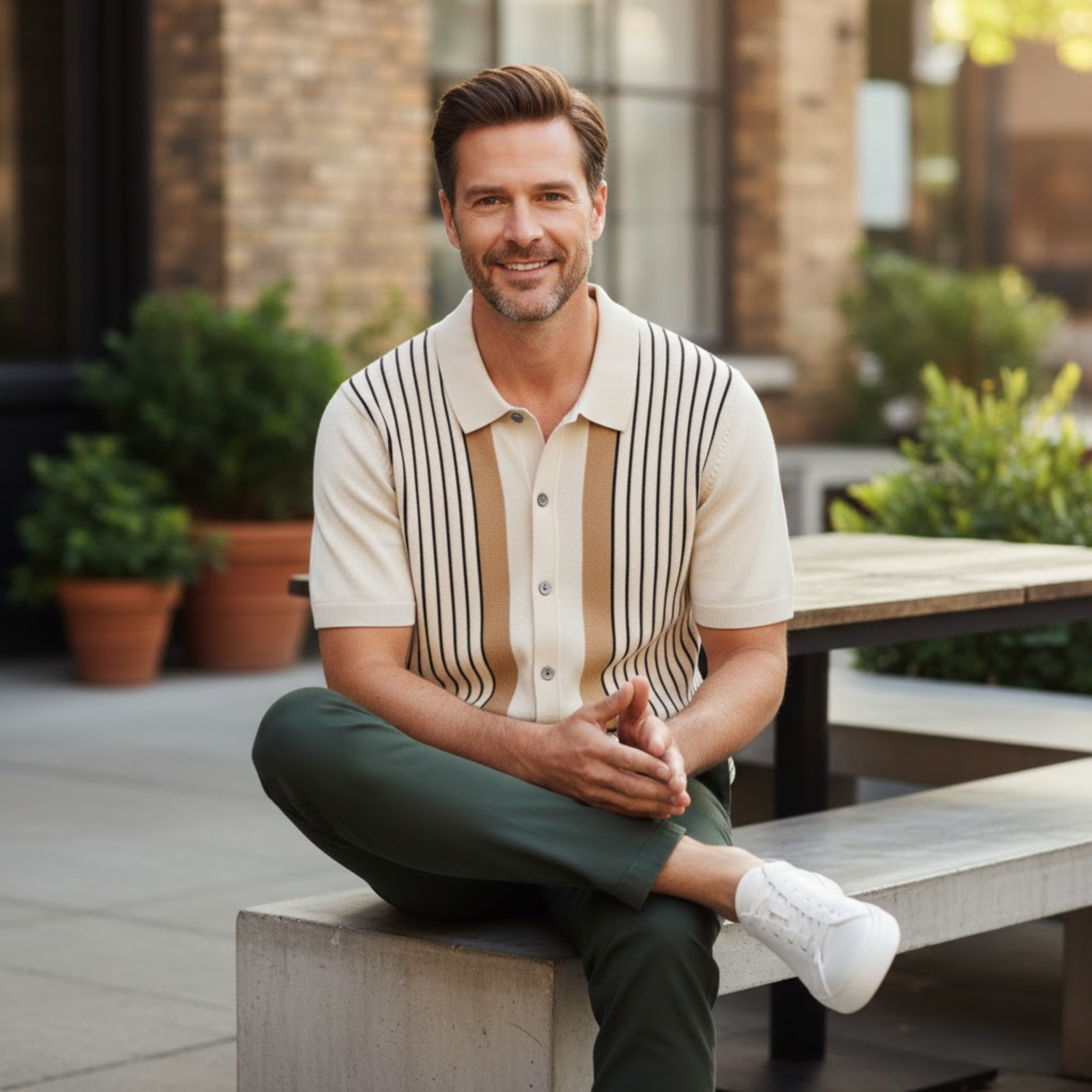 Men's Knit Polo Shirt Short Sleeve Striped Button Down Breathable Retro Casual Top