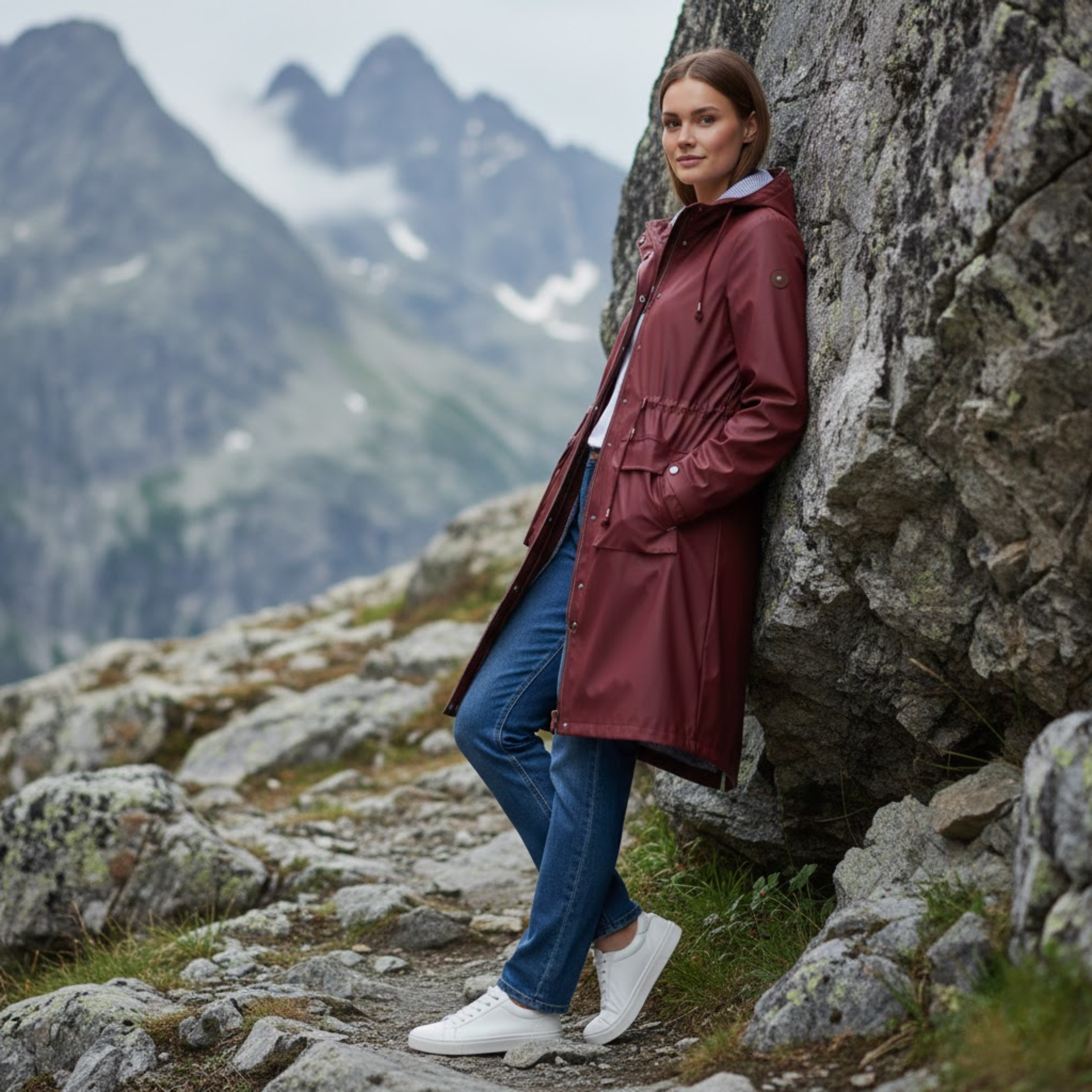 Women's Hooded Long Trench Coat Zipper Closure Full Sleeve Canvas Jacket with Pockets