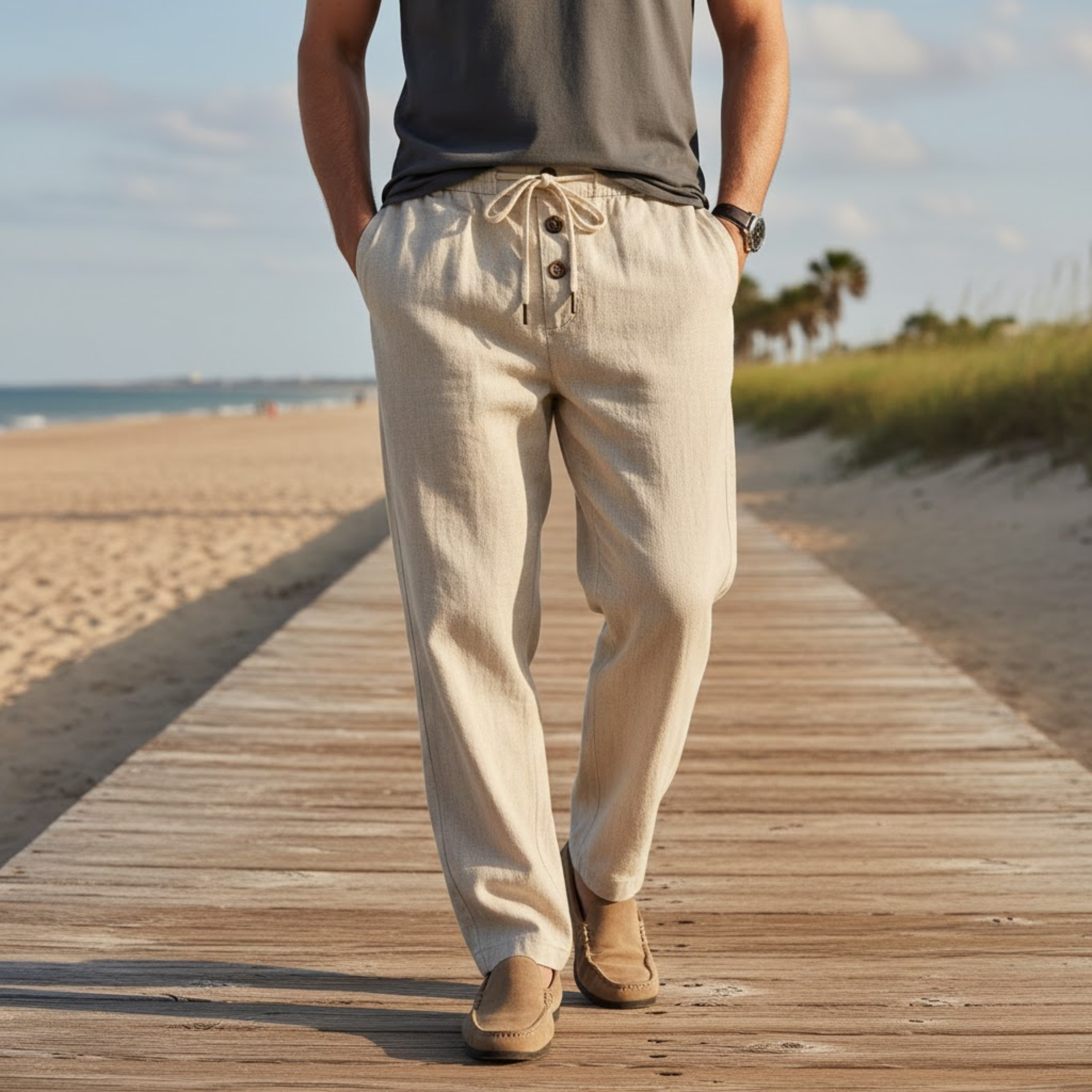 Men's Drawstring Linen Pants Elastic Waist Straight Leg Breathable Casual Trousers