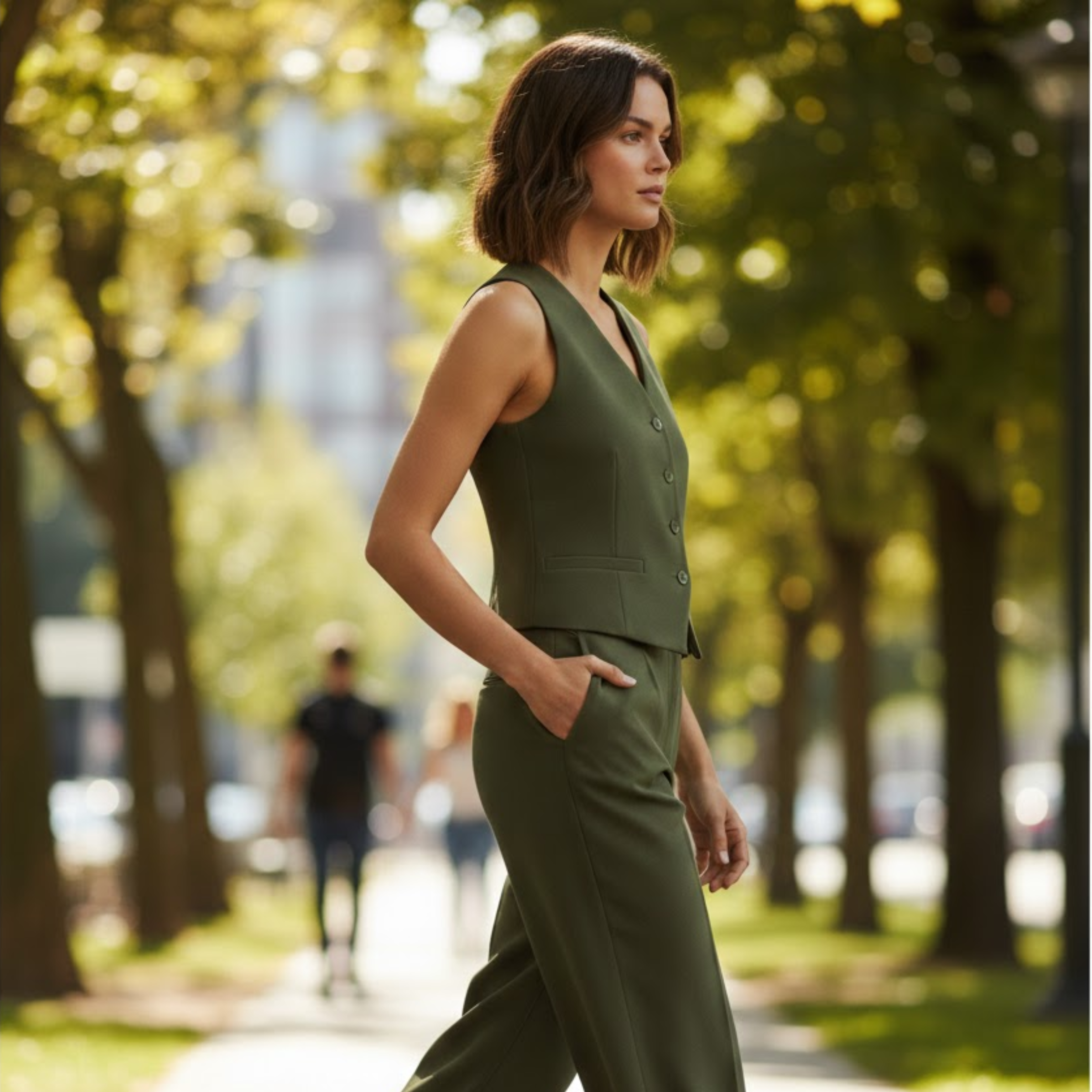 Women's Sleeveless V-Neck Waistcoat and High Waist Wide Leg Trouser Two Piece Set