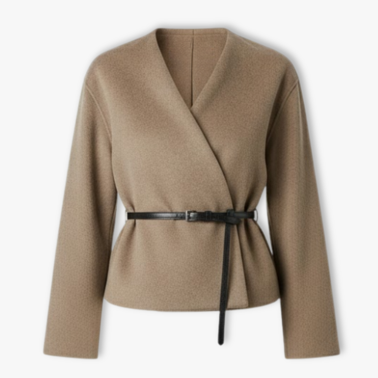 Women's V-Neck Wrap Jacket with Waist Belt Long Sleeve Soft Elegant Outerwear Coat