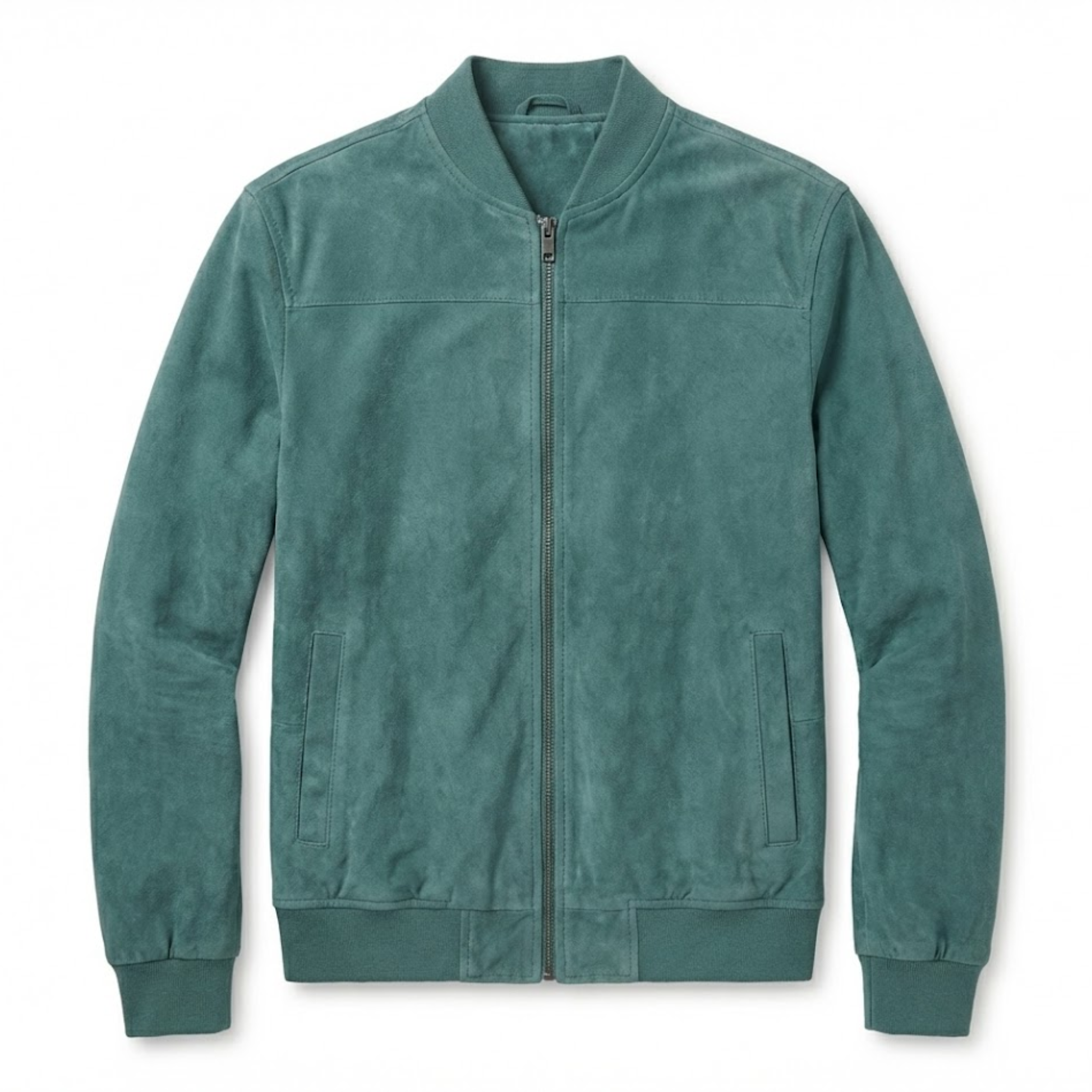 Men's Suede Bomber Jacket with Stand Collar and Full Zipper Closure