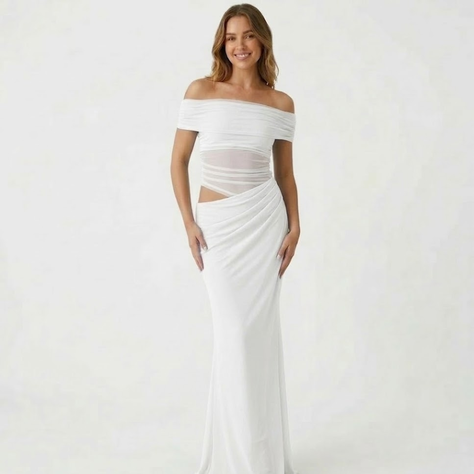 Off Shoulder Maxi Dress Slash Neck Waist Cutout Draped Bodycon Party Gown