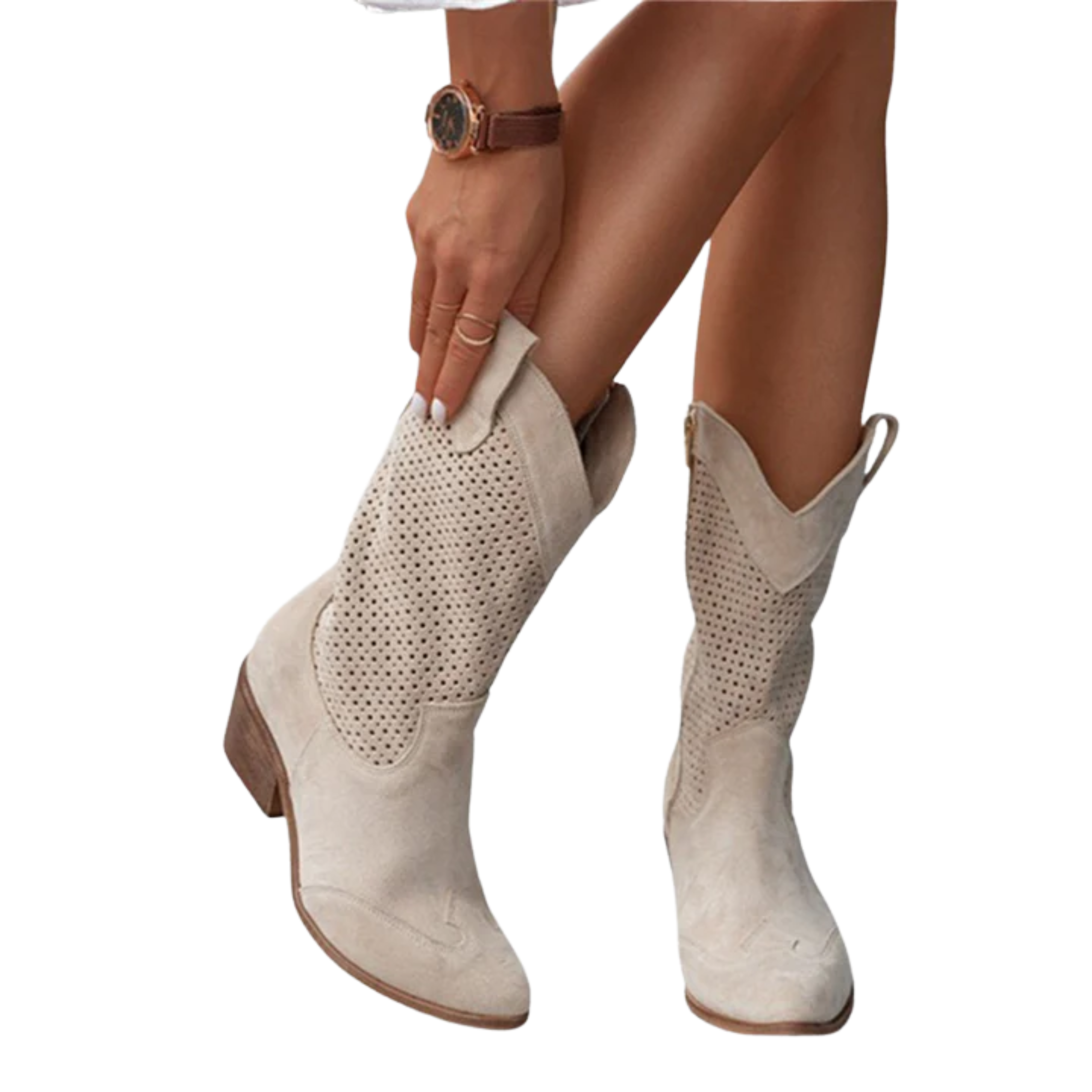 Women's cowboy boots — leather — perforated mid-calf — casual daily