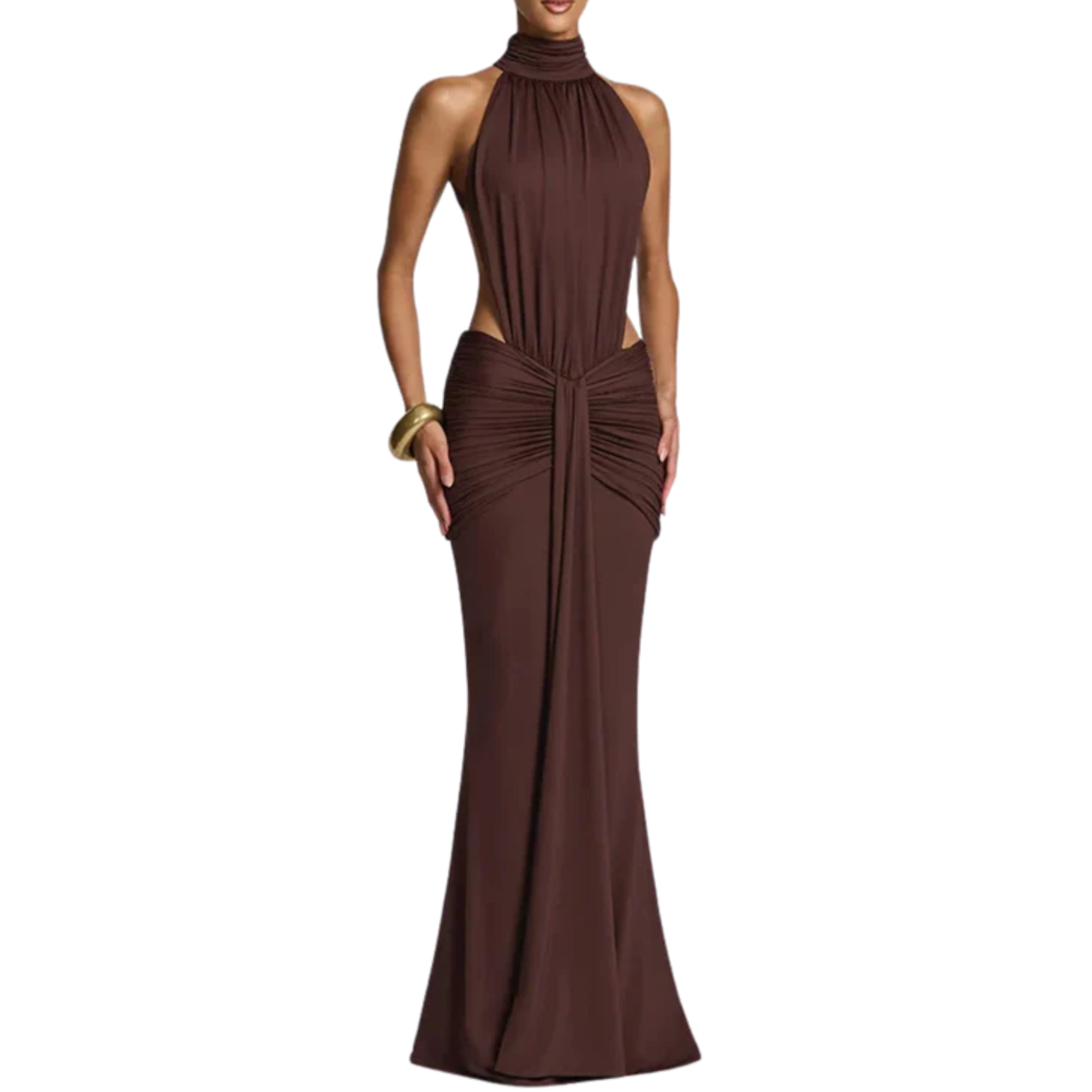 High Neck Backless Maxi Dress Ruched Waist Cut Out Sleeveless Wedding Guest Dress
