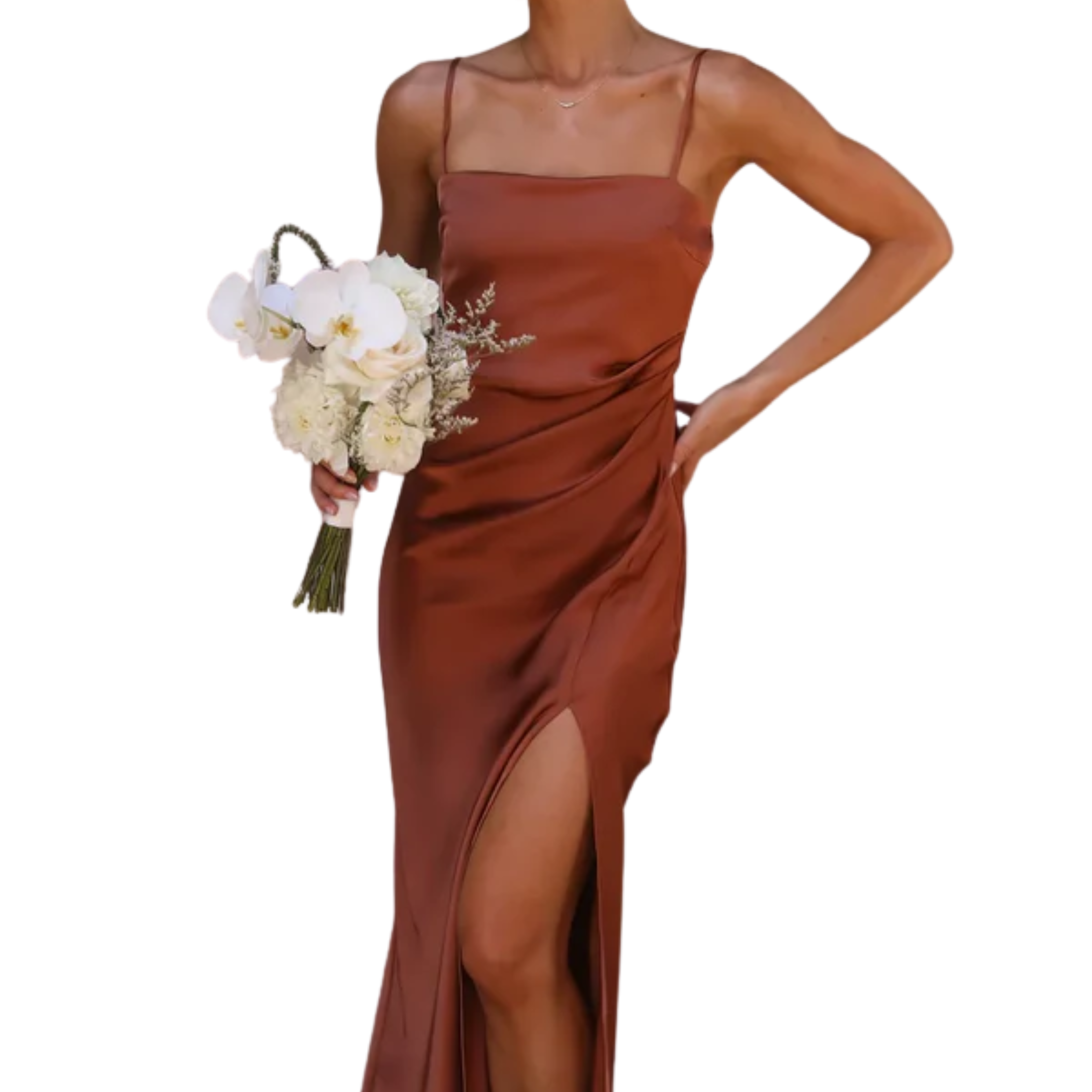 Women's Satin Maxi Dress Sleeveless Square Neck Side Ruched High Split Formal Dress