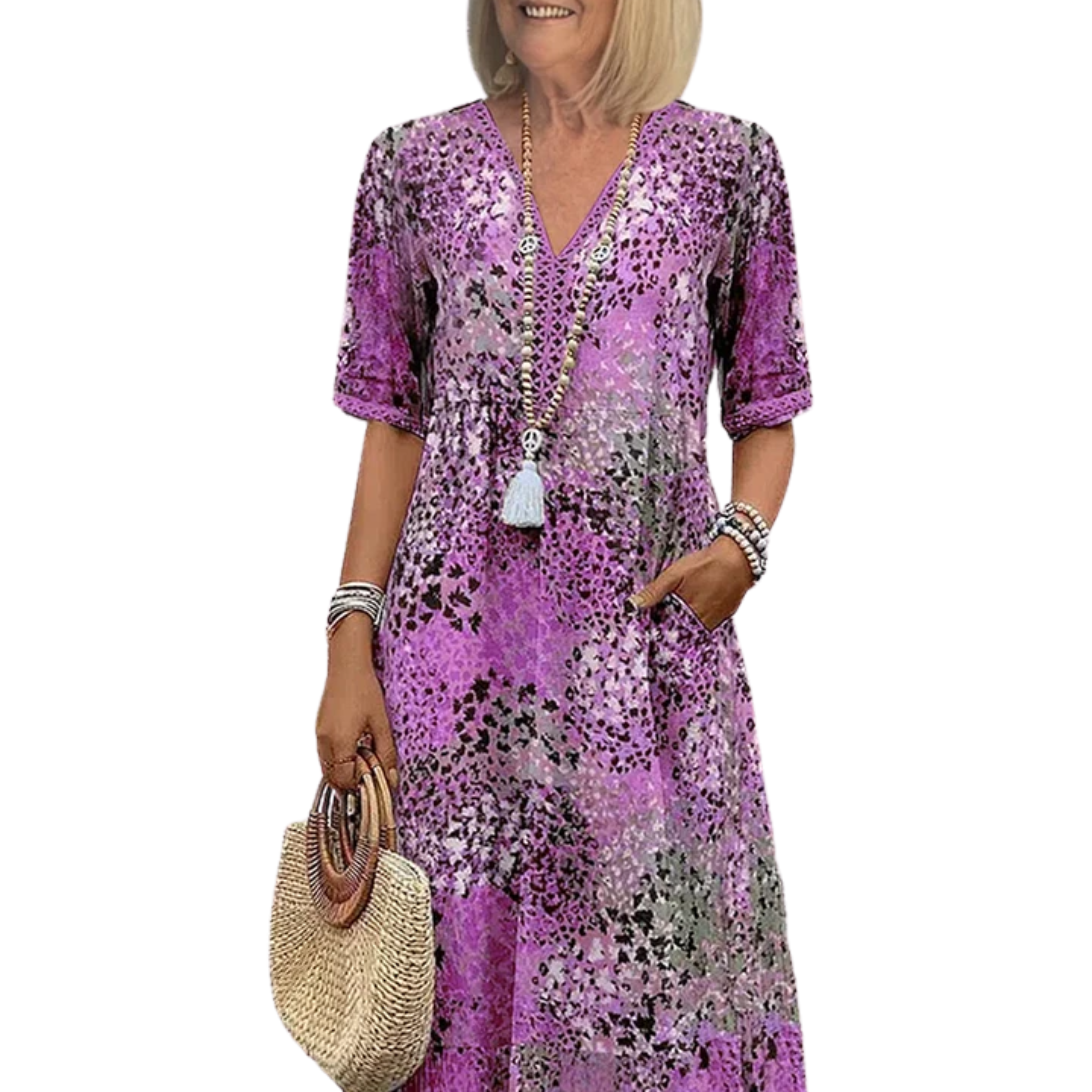 Women's printed midi dress — V-neck a-line with pockets — casual daily