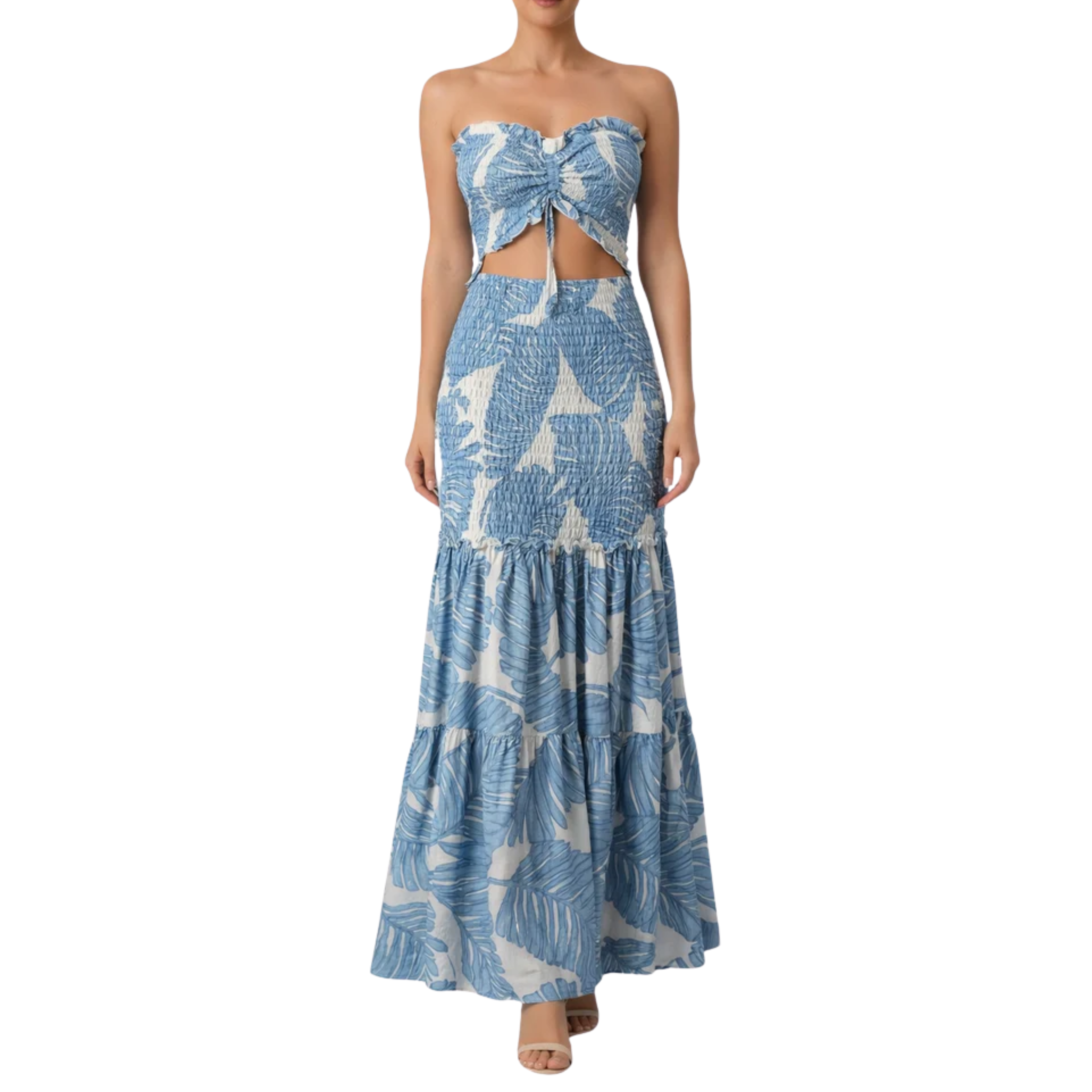 Women's Strapless Maxi Dress Tropical Leaf Print Ruched Waist Cut-Out Beach Dress