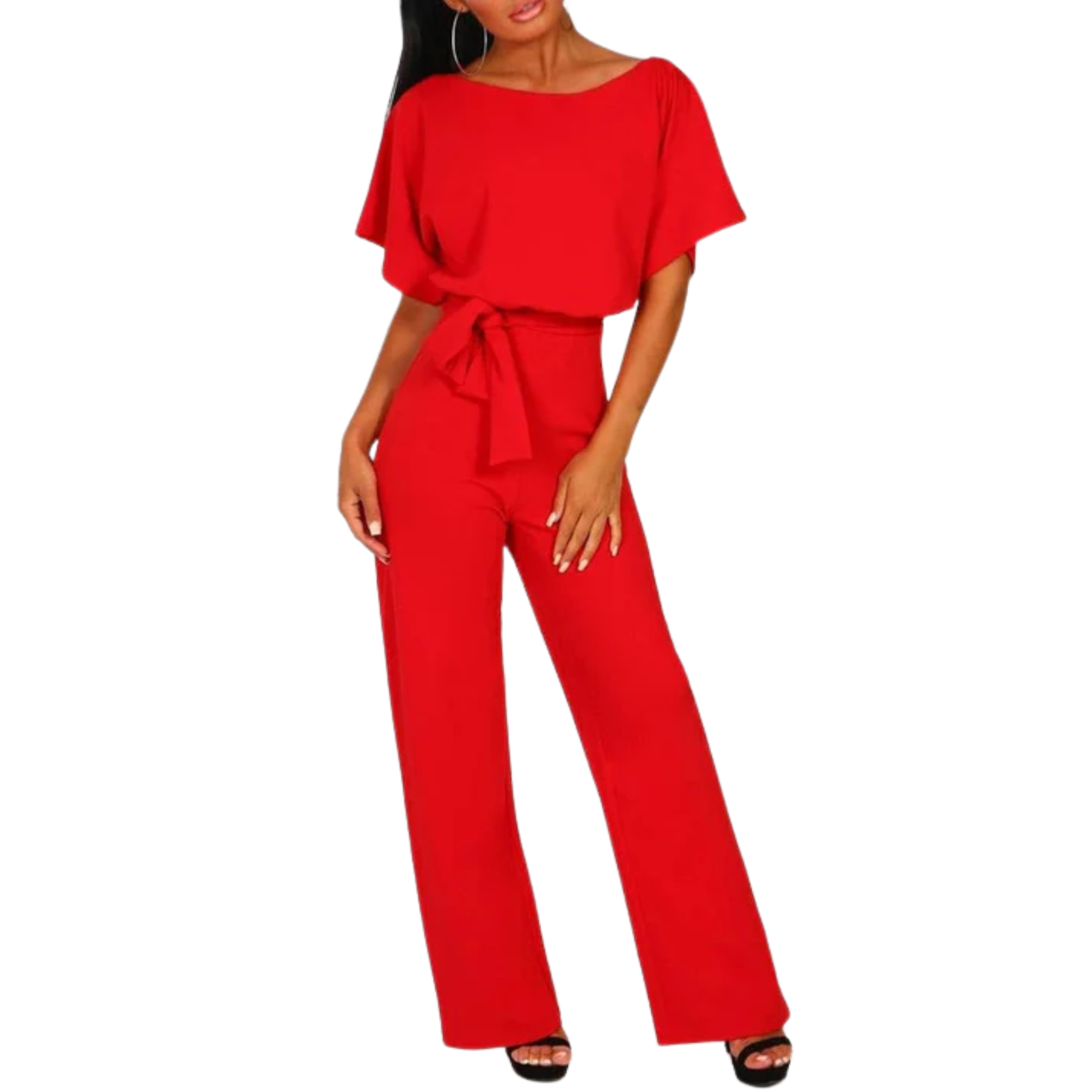 Women's short-sleeve jumpsuit — tie waist wide leg — casual events