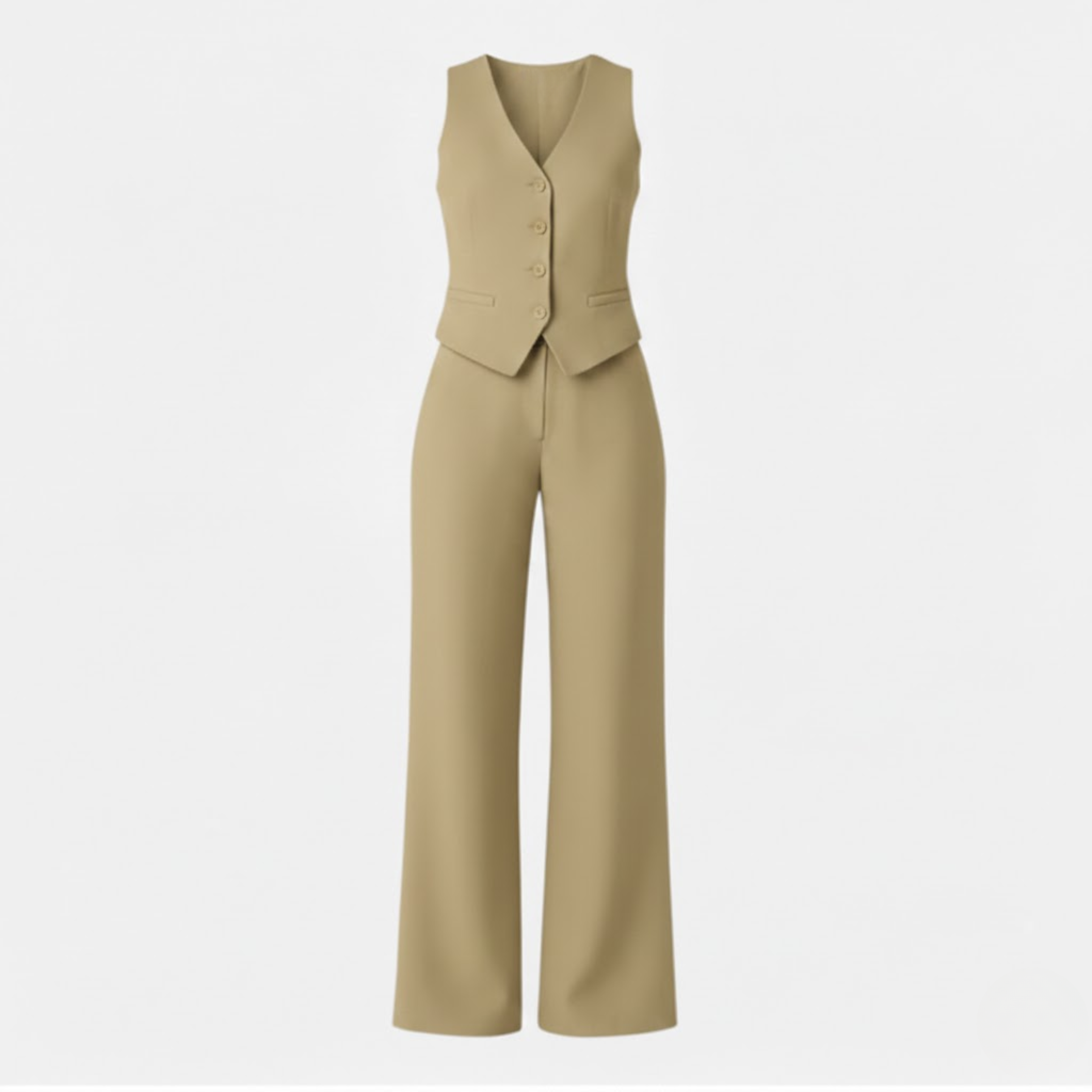 Women's Sleeveless V-Neck Waistcoat and High Waist Wide Leg Trouser Two Piece Set