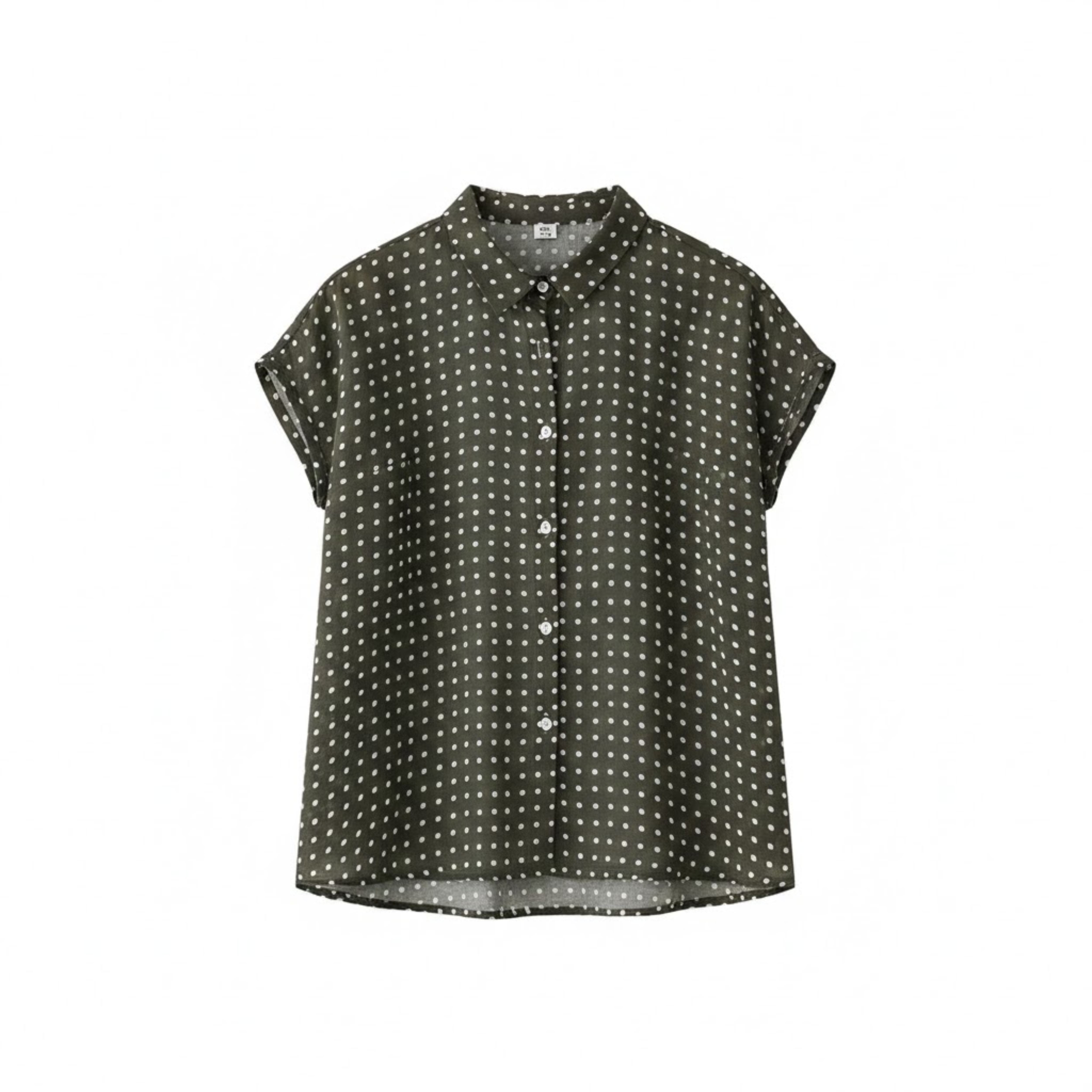 Women's Polka Dot Cotton Linen Shirt Short Sleeve Loose Fit Pleated Collar Blouse
