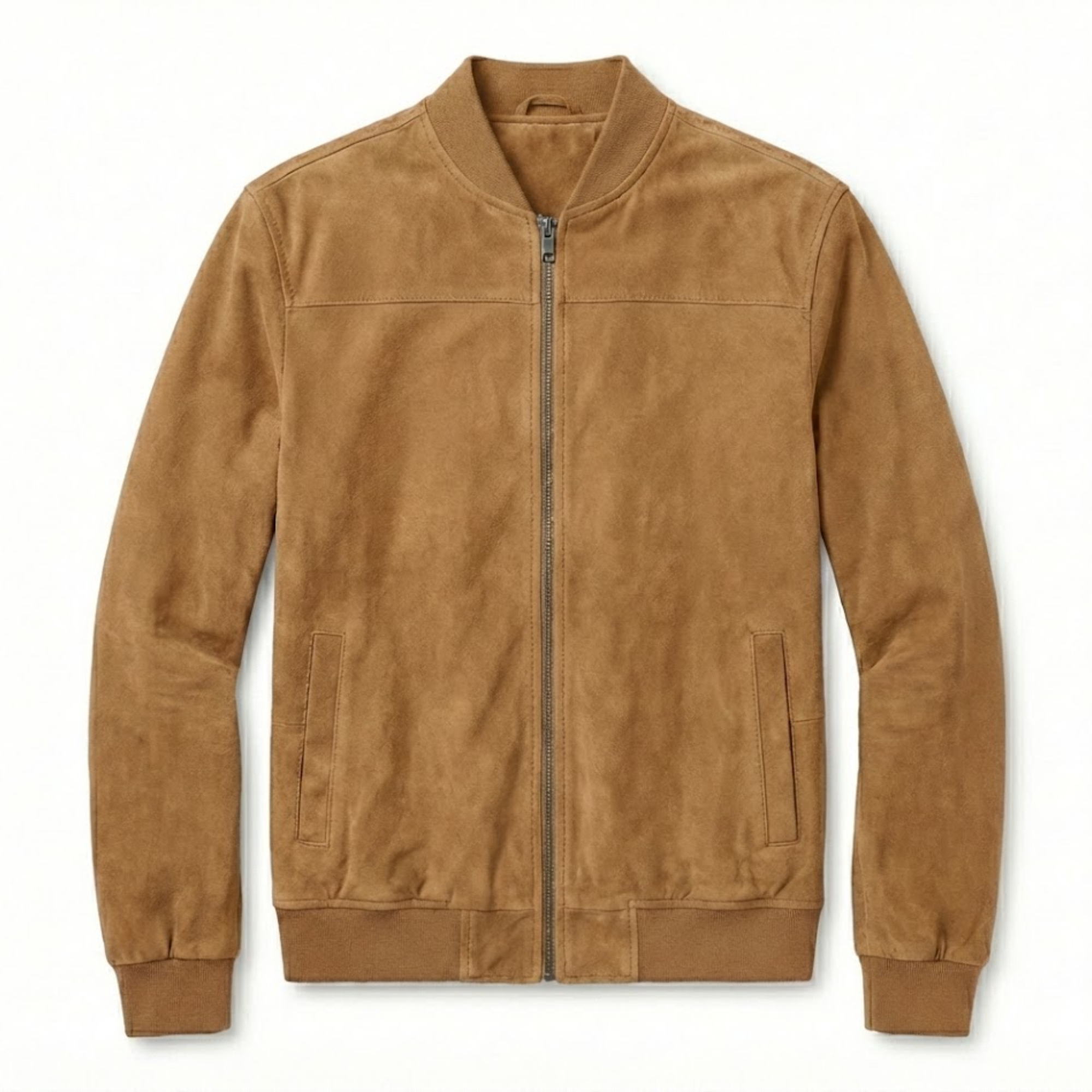 Men's Suede Bomber Jacket with Stand Collar and Full Zipper Closure