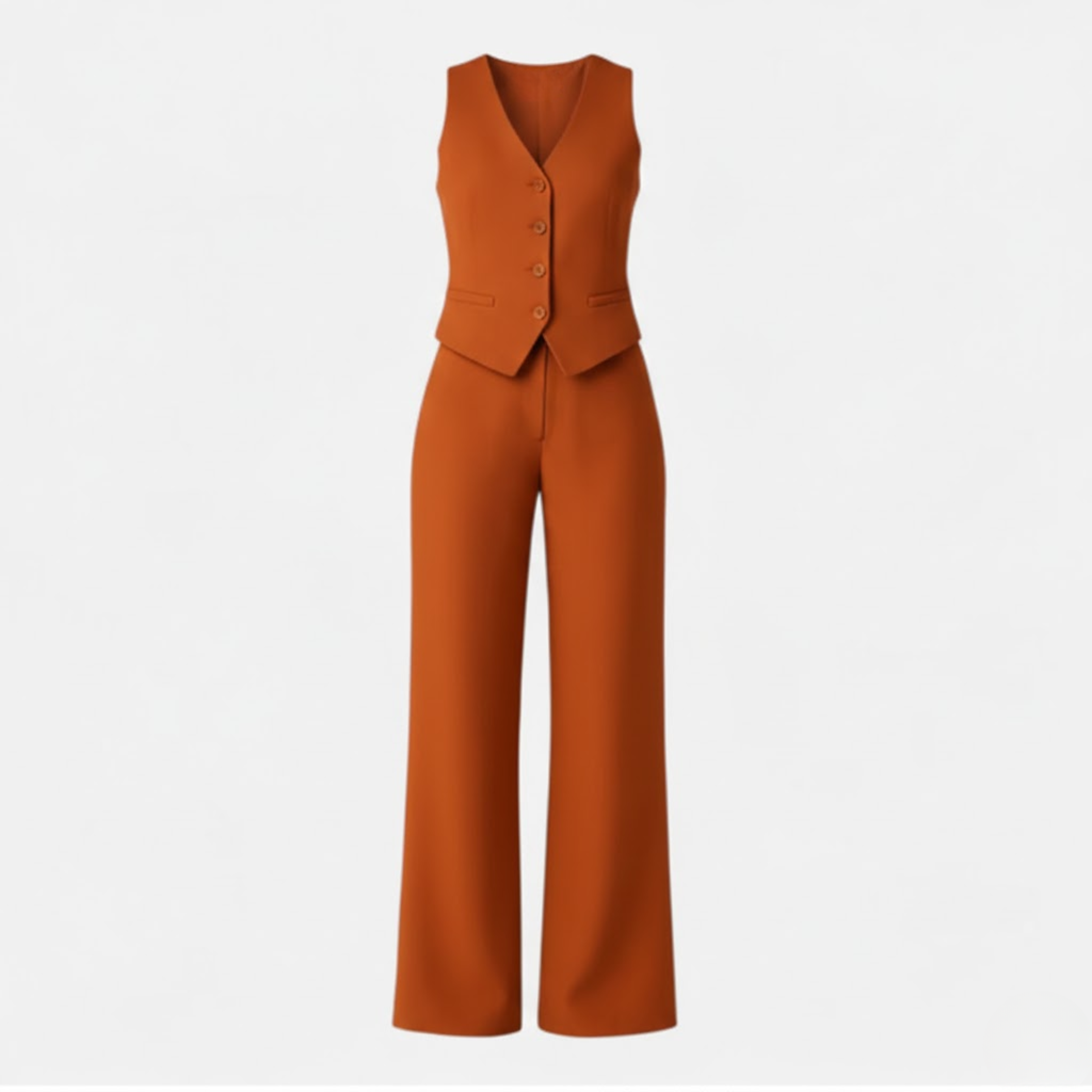 Women's Sleeveless V-Neck Waistcoat and High Waist Wide Leg Trouser Two Piece Set