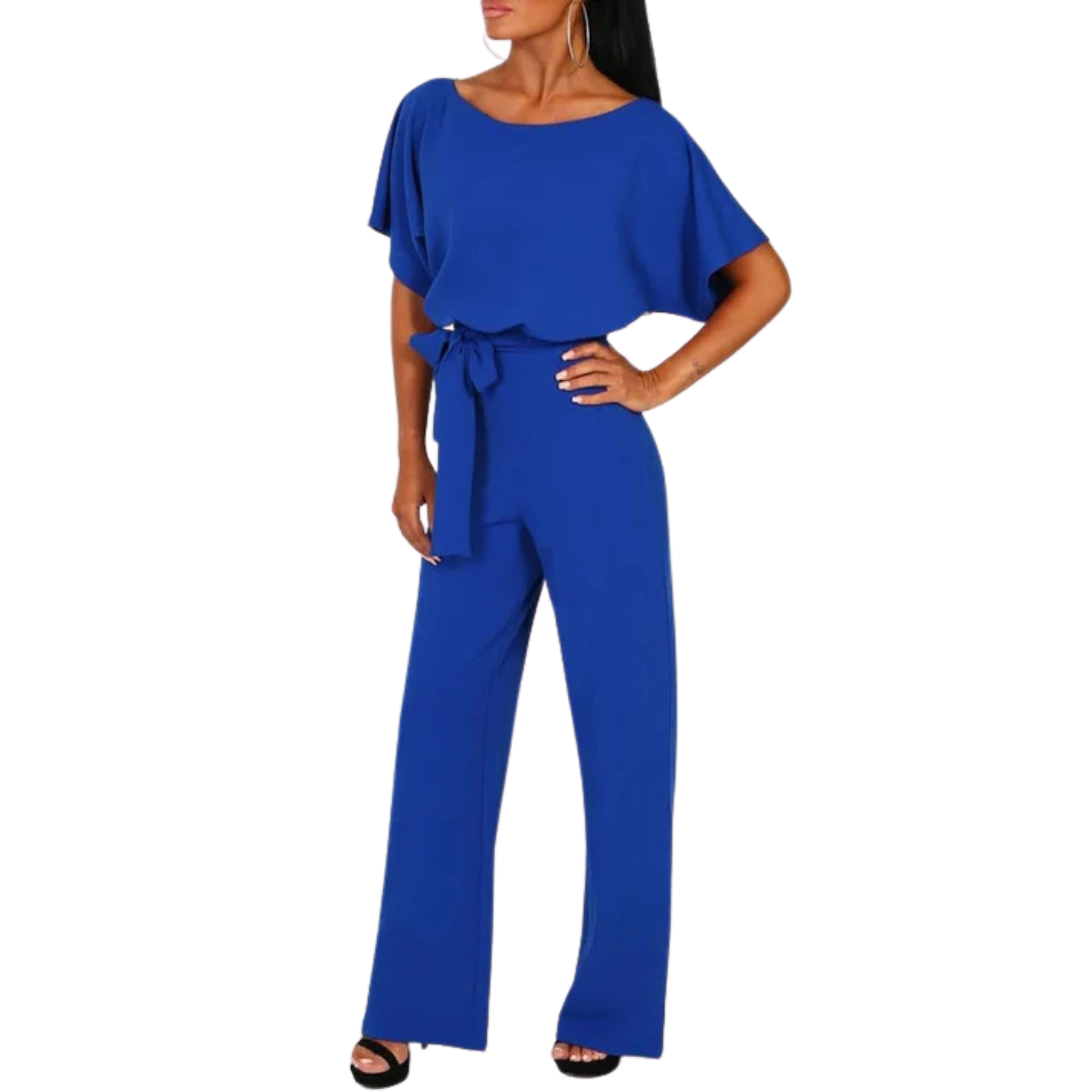 Women's short-sleeve jumpsuit — tie waist wide leg — casual events