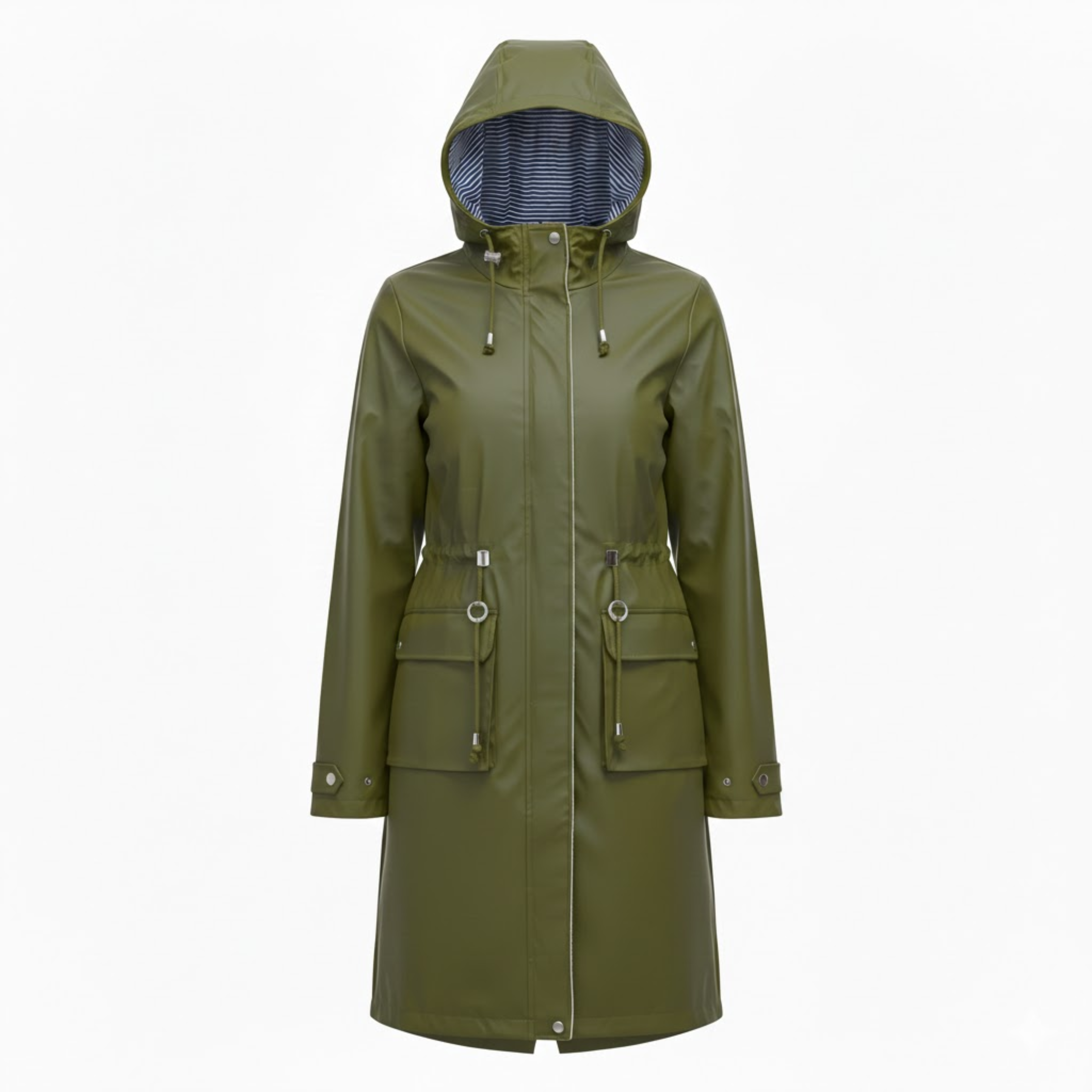 Women's Hooded Long Trench Coat Zipper Closure Full Sleeve Canvas Jacket with Pockets