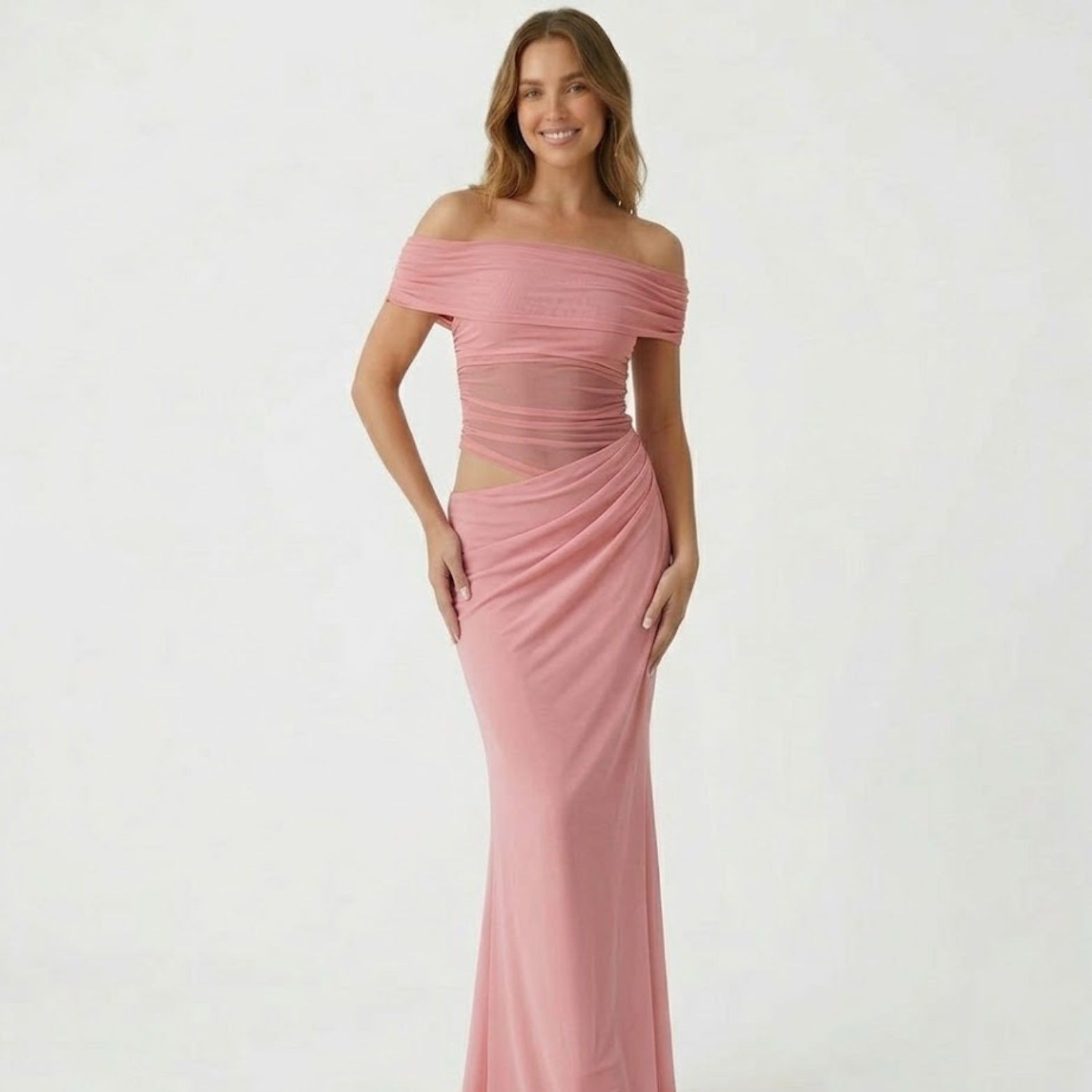 Off Shoulder Maxi Dress Slash Neck Waist Cutout Draped Bodycon Party Gown