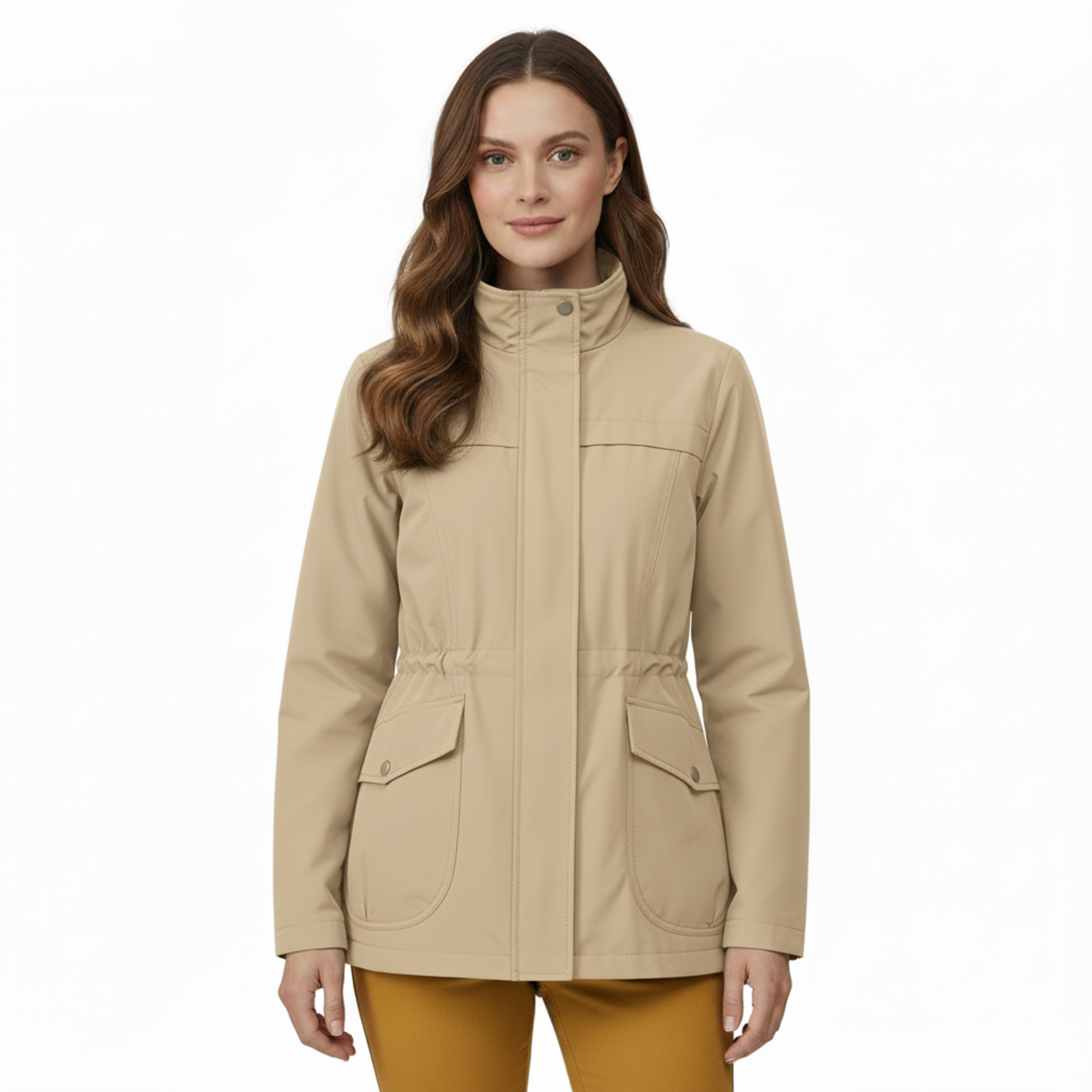 Women's Lightweight Windbreaker Jacket with Adjustable Waist and Front Pockets