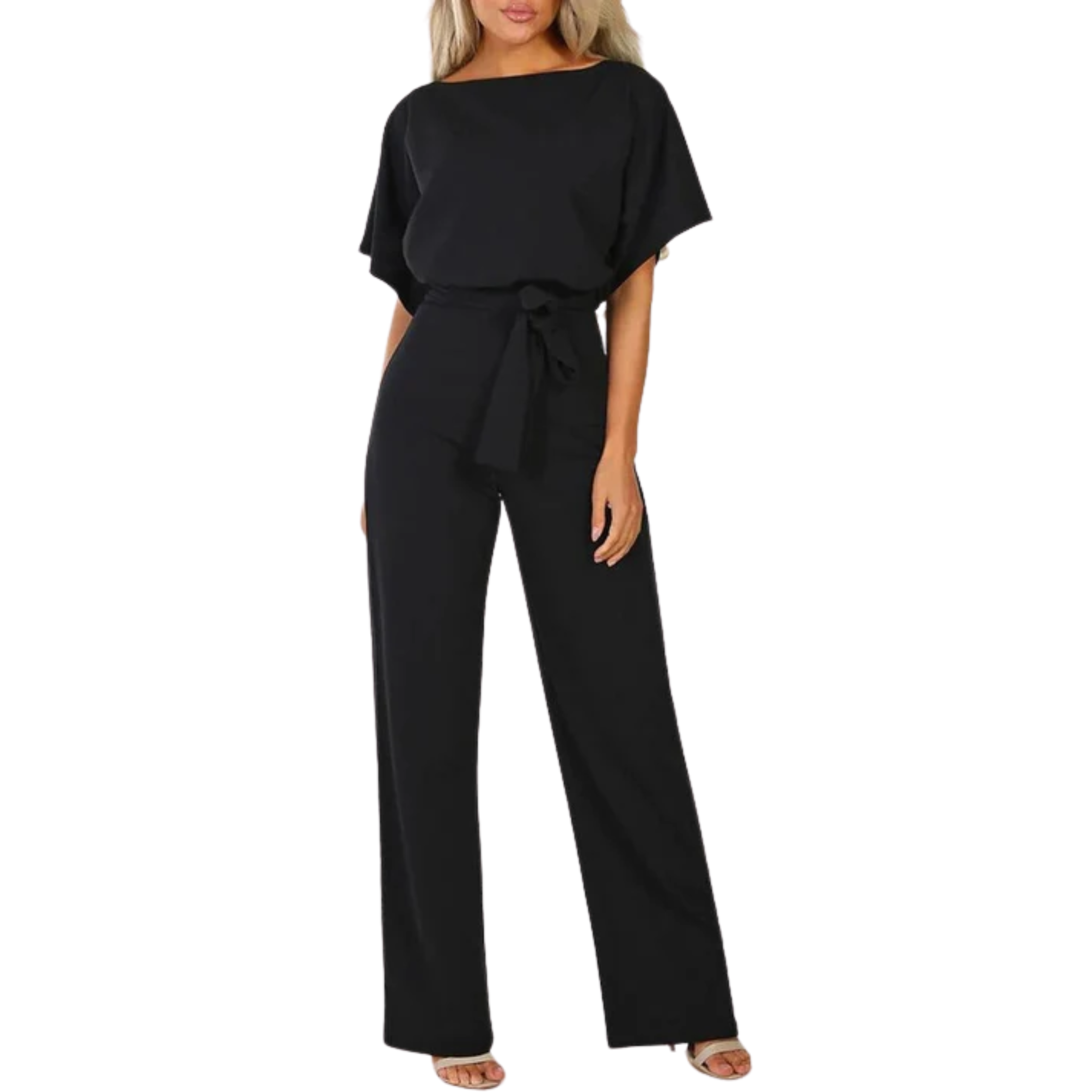 Women's short-sleeve jumpsuit — tie waist wide leg — casual events