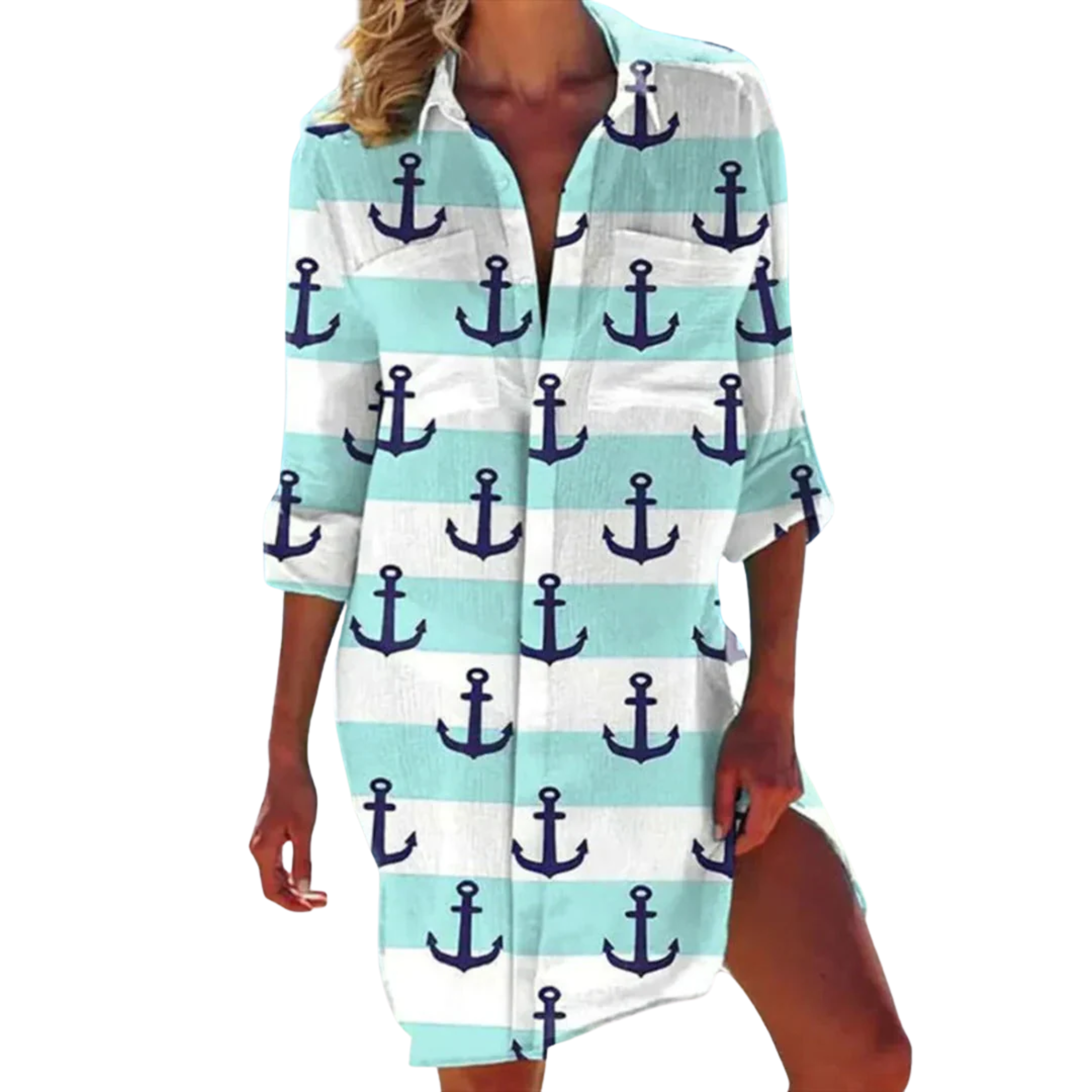 Tropical Print Shirt Dress Women's Beach Cover Up with 3/4 Roll-Tab Sleeves