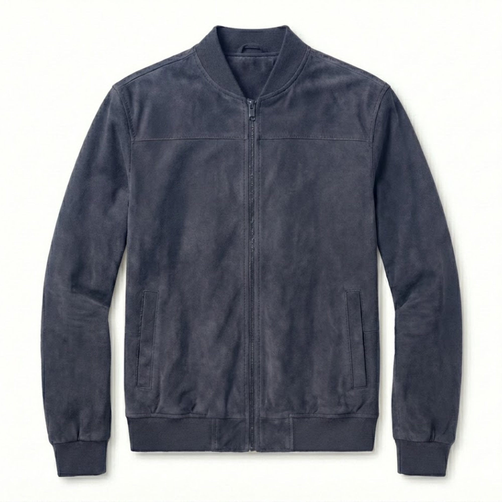 Men's Suede Bomber Jacket with Stand Collar and Full Zipper Closure