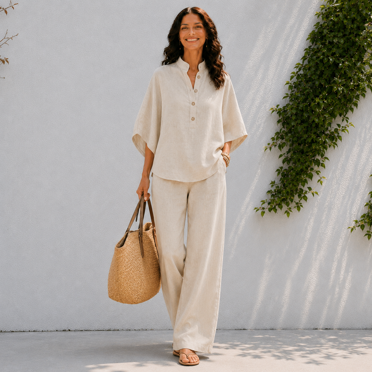 Women's two-piece set - button front top and wide leg pants holiday