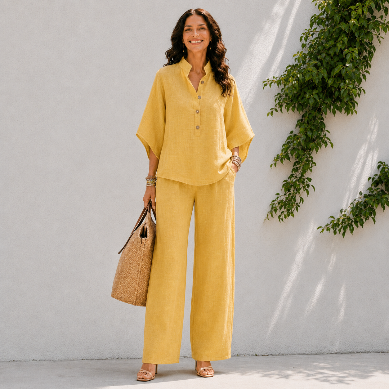 Women's two-piece set - button front top and wide leg pants holiday