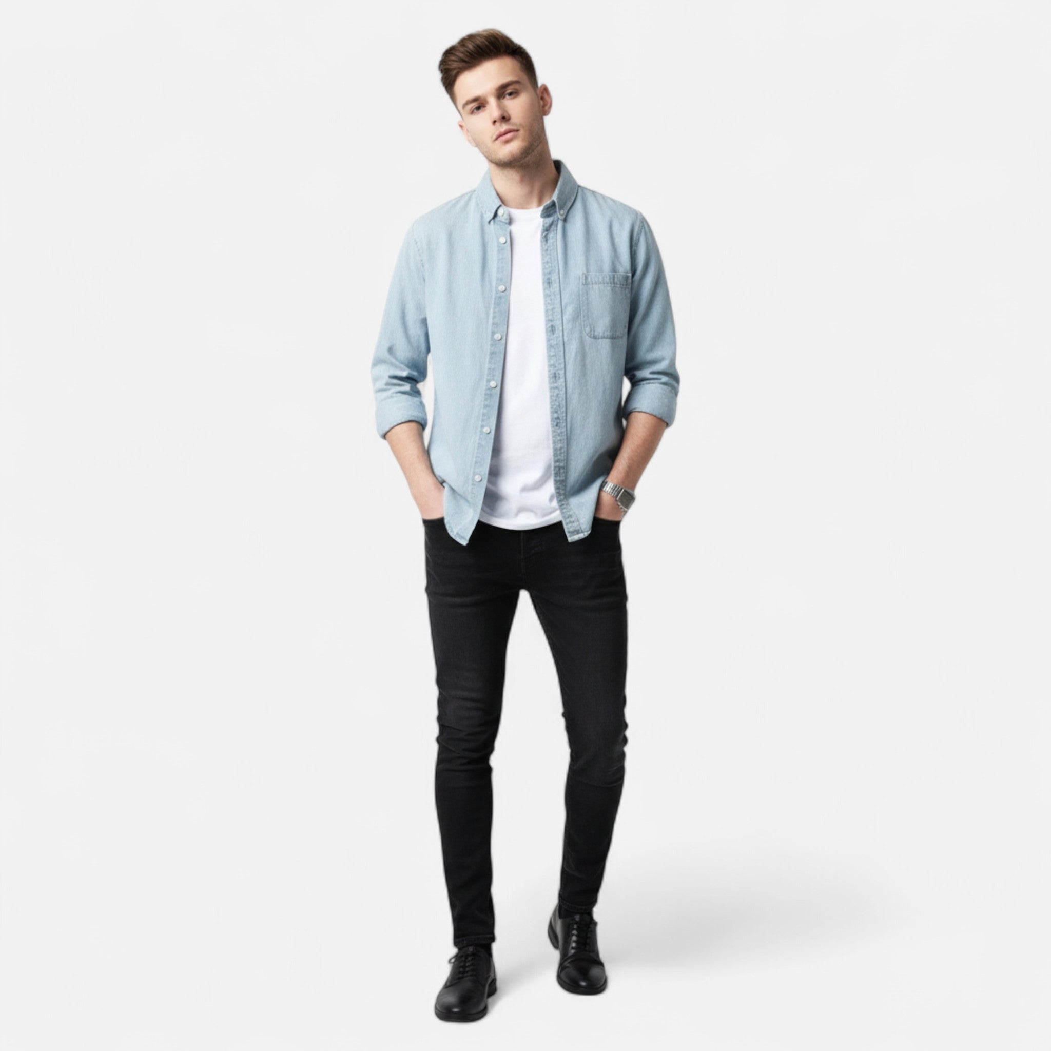 Veroux Mode | Men’s Cotton Denim Long-Sleeve Shirt