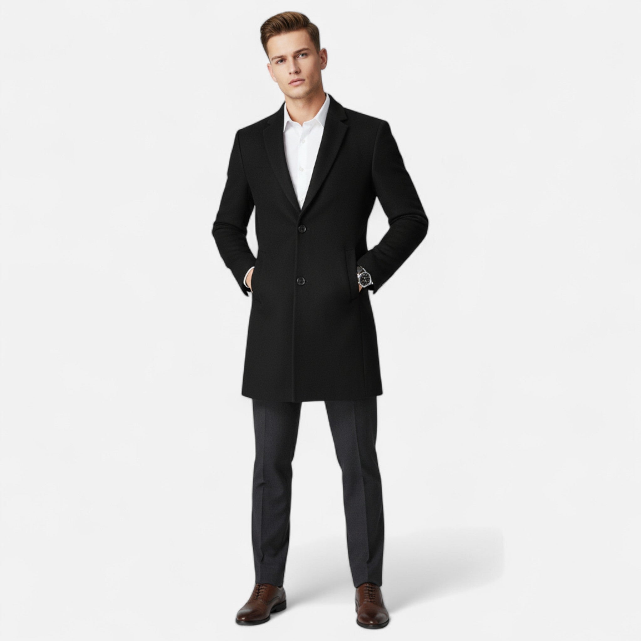 Veroux Mode | Men’s Wool Overcoat – Classic Tailored Elegance