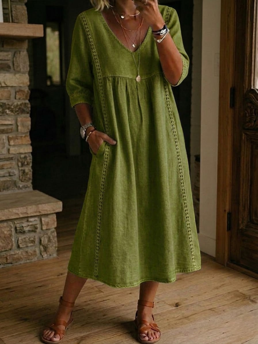 Women's midi dress V-neck relaxed fit casual