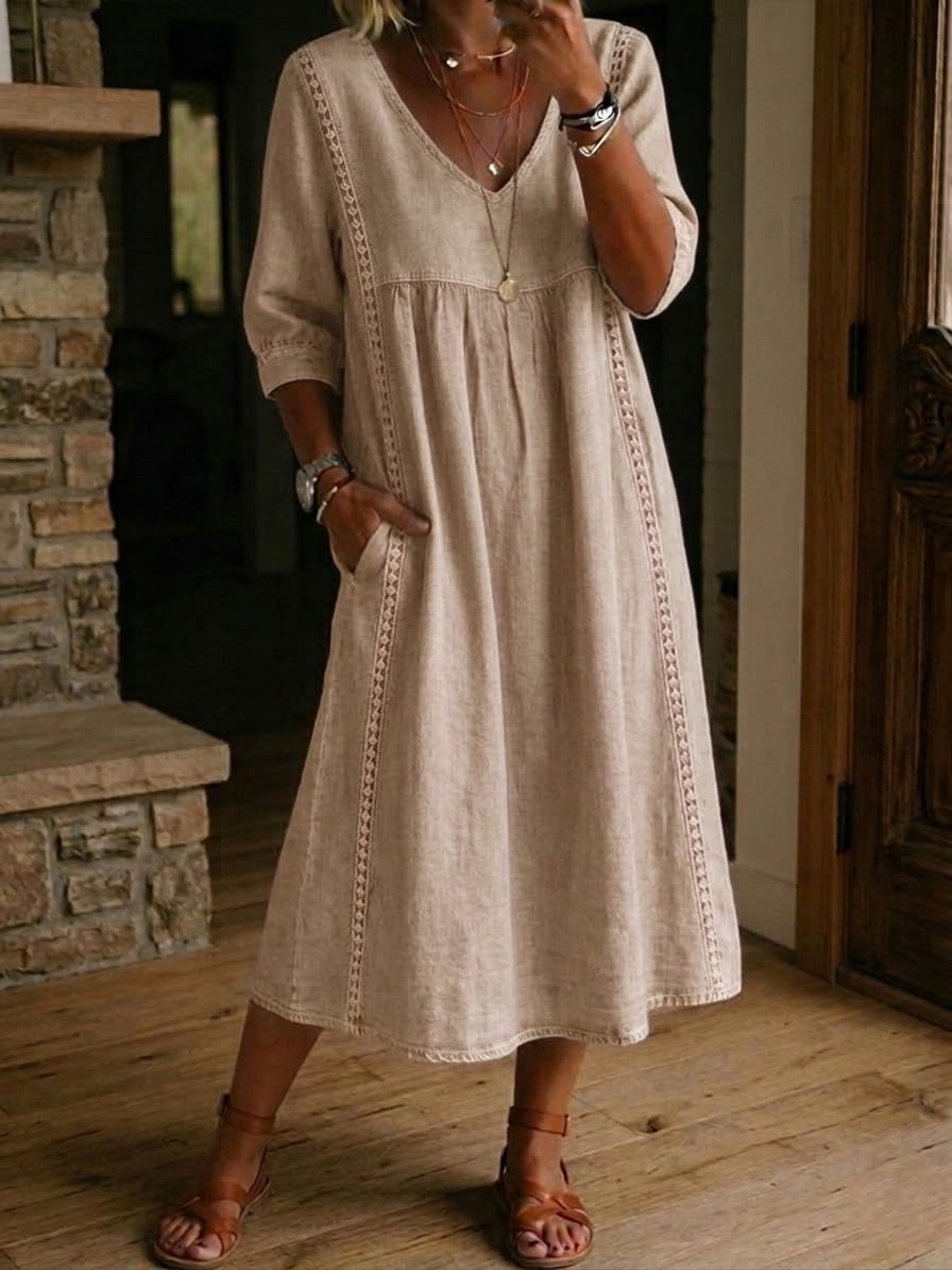 Women's midi dress V-neck relaxed fit casual
