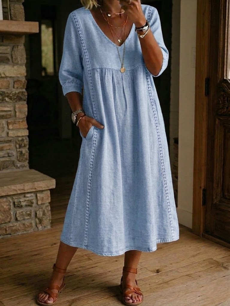 Women's midi dress V-neck relaxed fit casual