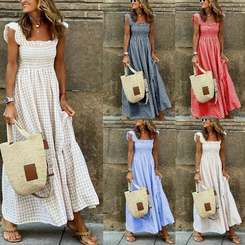 Plaid Smocked Maxi Summer Dress