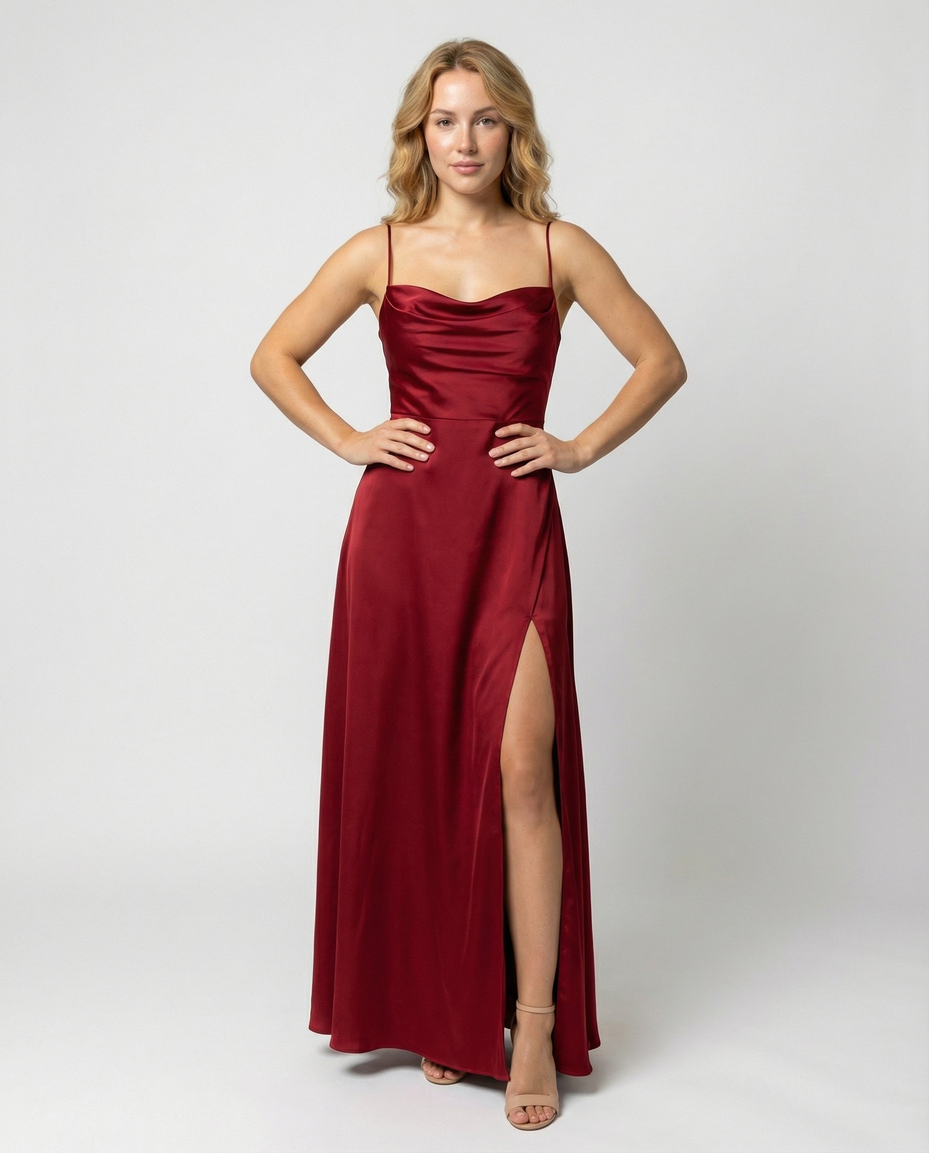 Women's silk maxi dress - draped cowl neck with side slit - formal party
